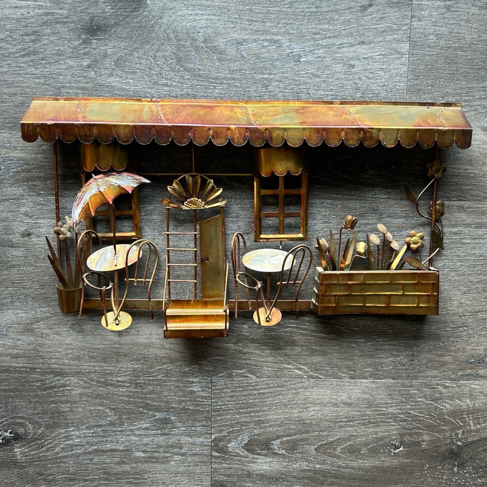 Vintage MCM Brutalist Metal Paris Bistro Cafe Street Scene Flowers Copper